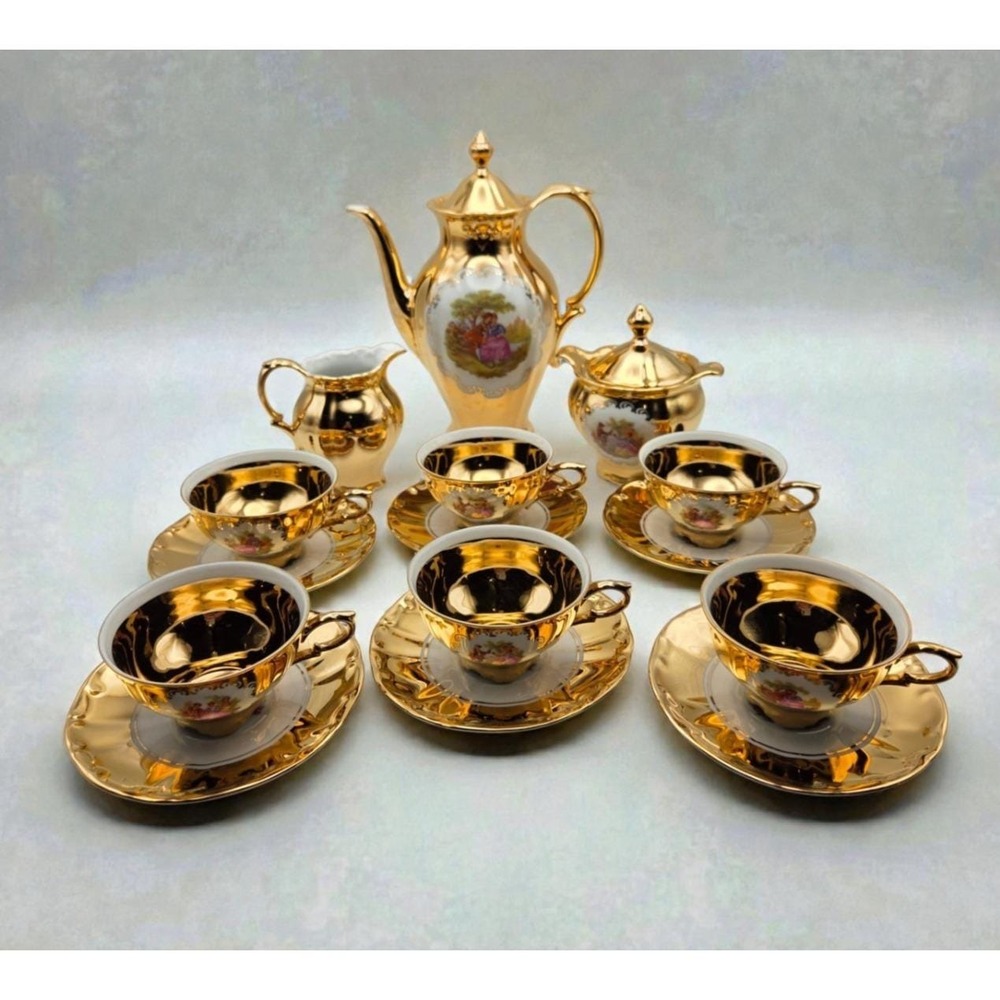 Rare Vintage Porcelain STW Bavaria "Love Story" Gold Tea Set Service For 6